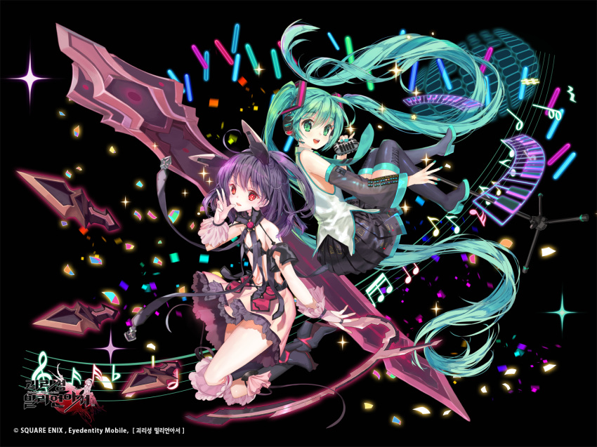absurdly_long_hair aqua_hair boots commentary_request detached_sleeves full_body green_eyes hatsune_miku headset high_heels kai-ri-sei_million_arthur knee_boots long_hair microphone million_arthur_(series) mintchoco_(orange_shabette) multiple_girls musical_note nail_polish necktie open_mouth piano_keys purple_hair red_eyes skirt thigh_boots thighhighs twintails very_long_hair vocaloid