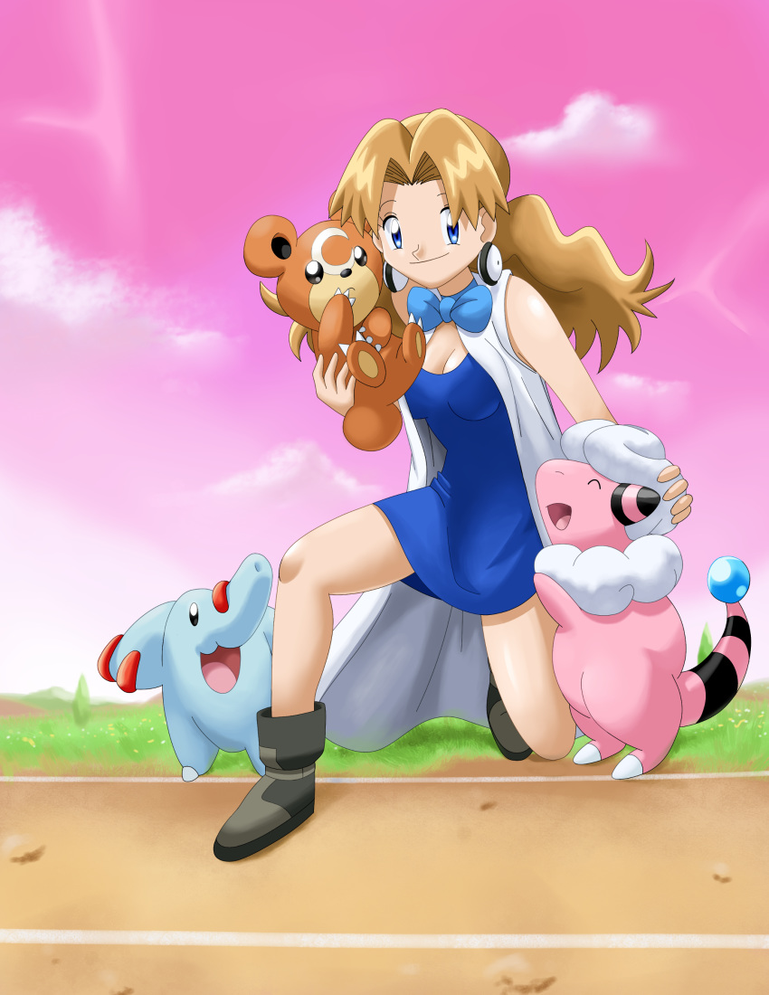 absurdres aggrav8edartist blue_dress blue_eyes boots bow breasts brown_hair cleavage commentary dress earrings flaaffy highres jewelry long_hair medium_breasts mii_snowdon older one_knee phanpy pokemon pokemon_(anime) pokemon_(classic_anime) pokemon_(creature) pokemon_m03 short_dress sleeveless sleeveless_dress smile solo teddiursa