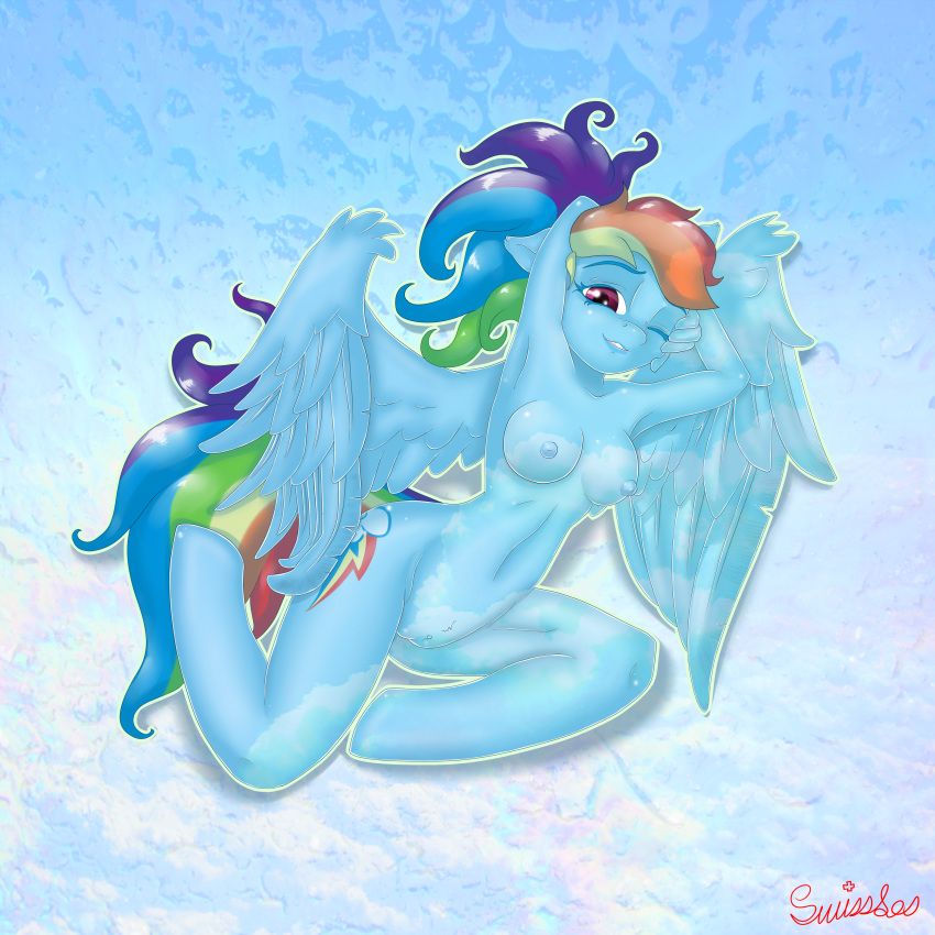 2013 anthro anthrofied blue_feathers blue_fur breasts cutie_mark equine feathered_wings feathers female friendship_is_magic fur hair hi_res mammal multicolored_hair my_little_pony one_eye_closed pegasus purple_eyes pussy rainbow_dash_(mlp) rainbow_hair solo swissleos wings wink