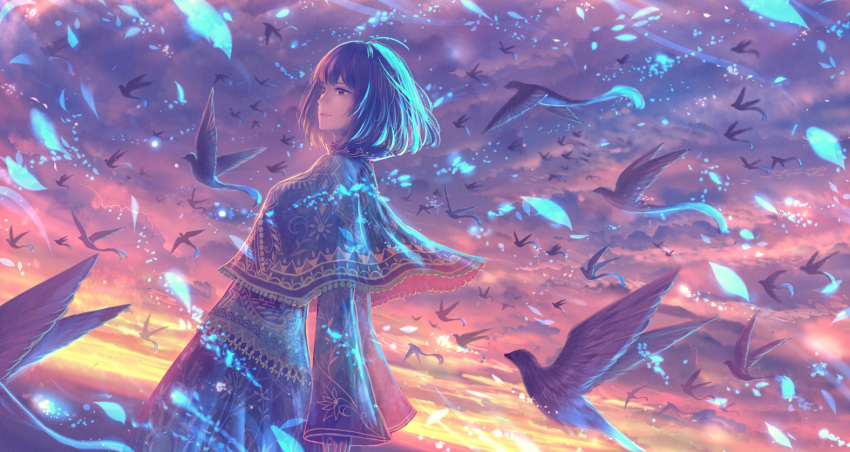 ahoge bird capelet closed_mouth cloud cloudy_sky commentary_request day dove dress dutch_angle flock from_side long_sleeves magic original overcast sakimori_(hououbds) scenery sky sleeves_past_wrists smile solo sunset