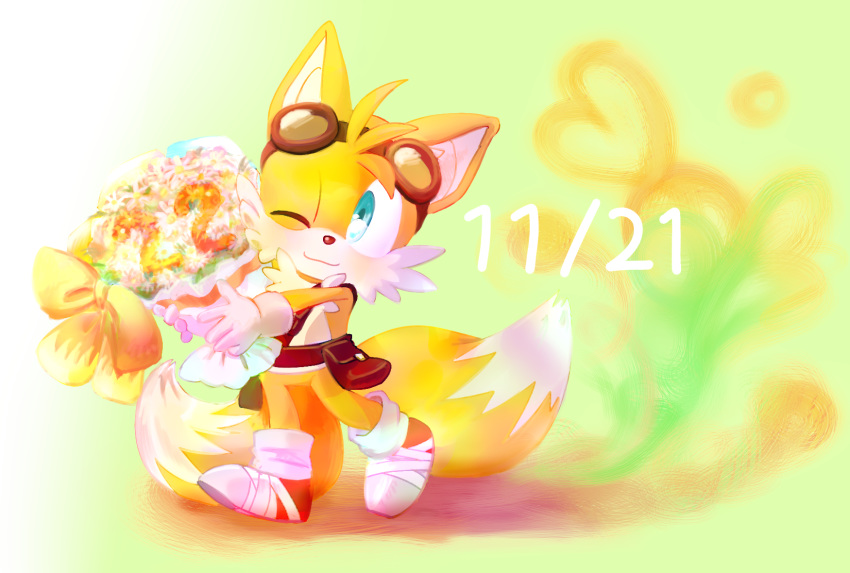 anthro black_nose blue_eyes canine clothing dipstick_tail eyewear flower footwear fox fur gloves goggles hi_res male mammal miles_prower multicolored_tail one_eye_closed plant solo sonic_(series) video_games white_fur wink yellow_fur 蛍舟