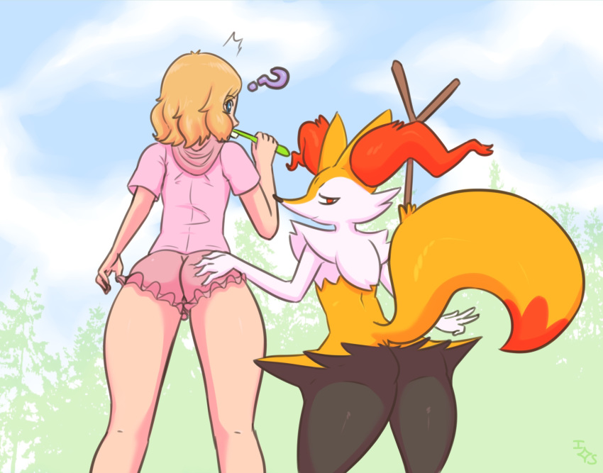 ? ambiguous_gender anthro blonde_hair blue_eyes braixen brushing_teeth butt butt_grab canine duo female grope hair hand_on_butt human immortalstar inner_ear_fluff looking_back low-angle_view mammal nintendo orange_eyes pok&eacute;mon pok&eacute;mon_(species) serena_(pok&eacute;mon) smile stick toothbrush v_sign video_games worm's-eye_view