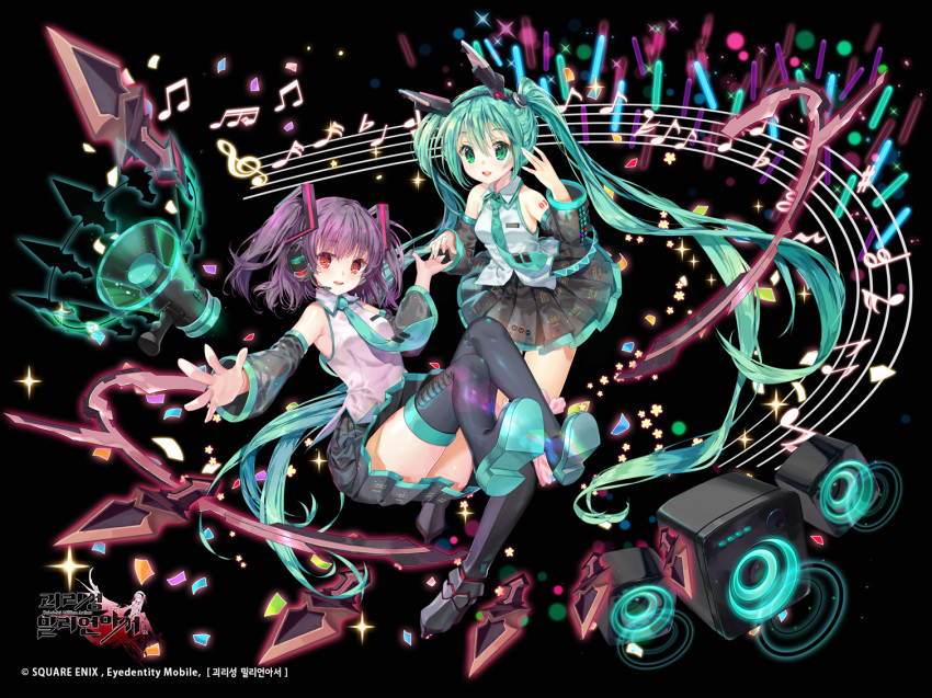 absurdly_long_hair boots commentary_request cosplay detached_sleeves full_body green_eyes green_hair hatsune_miku hatsune_miku_(cosplay) headset kai-ri-sei_million_arthur long_hair megaphone million_arthur_(series) mintchoco_(orange_shabette) multiple_girls musical_note necktie purple_hair red_eyes skirt speaker thigh_boots thighhighs twintails very_long_hair vocaloid