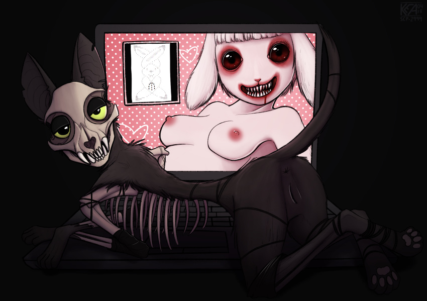 &lt;3 2018 anthro breasts cat computer duo feline female feral fur kea_(artist) lagomorph laptop looking_at_viewer mammal monster nightmare_fuel nipples nude pussy rabbit scp-2999 scp_foundation skull