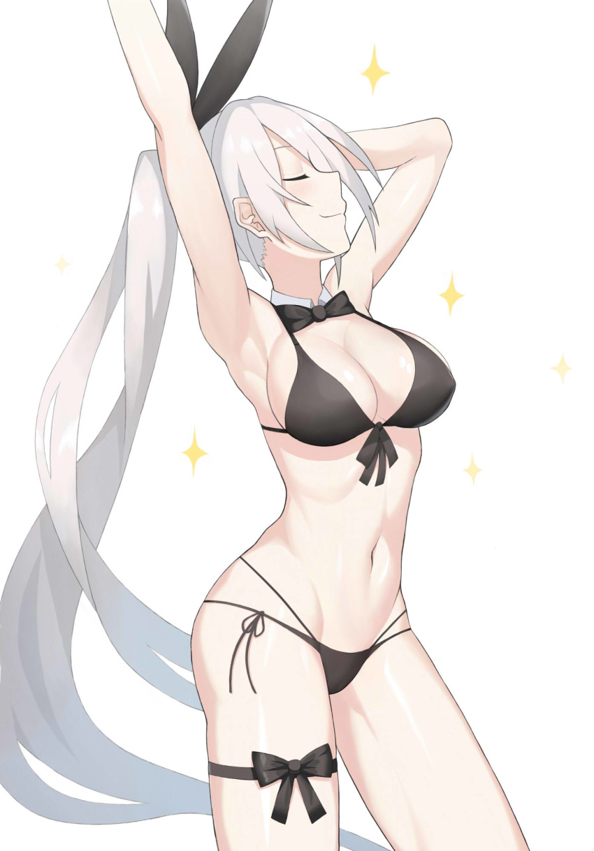 abs armpits arms_up bangs bare_shoulders bikini blush bow breasts cero_(last2stage) cleavage closed_eyes closed_mouth collar commentary_request five-seven_(girls_frontline) front-tie_bikini front-tie_top girls_frontline groin hair_between_eyes hair_ornament hair_ribbon highleg highleg_bikini highres hips korean_commentary large_breasts leg_ribbon long_hair navel ponytail ribbon ribs side-tie_bikini sidelocks silver_hair simple_background skindentation smile smug solo sparkle standing stomach swimsuit toned very_long_hair white_background