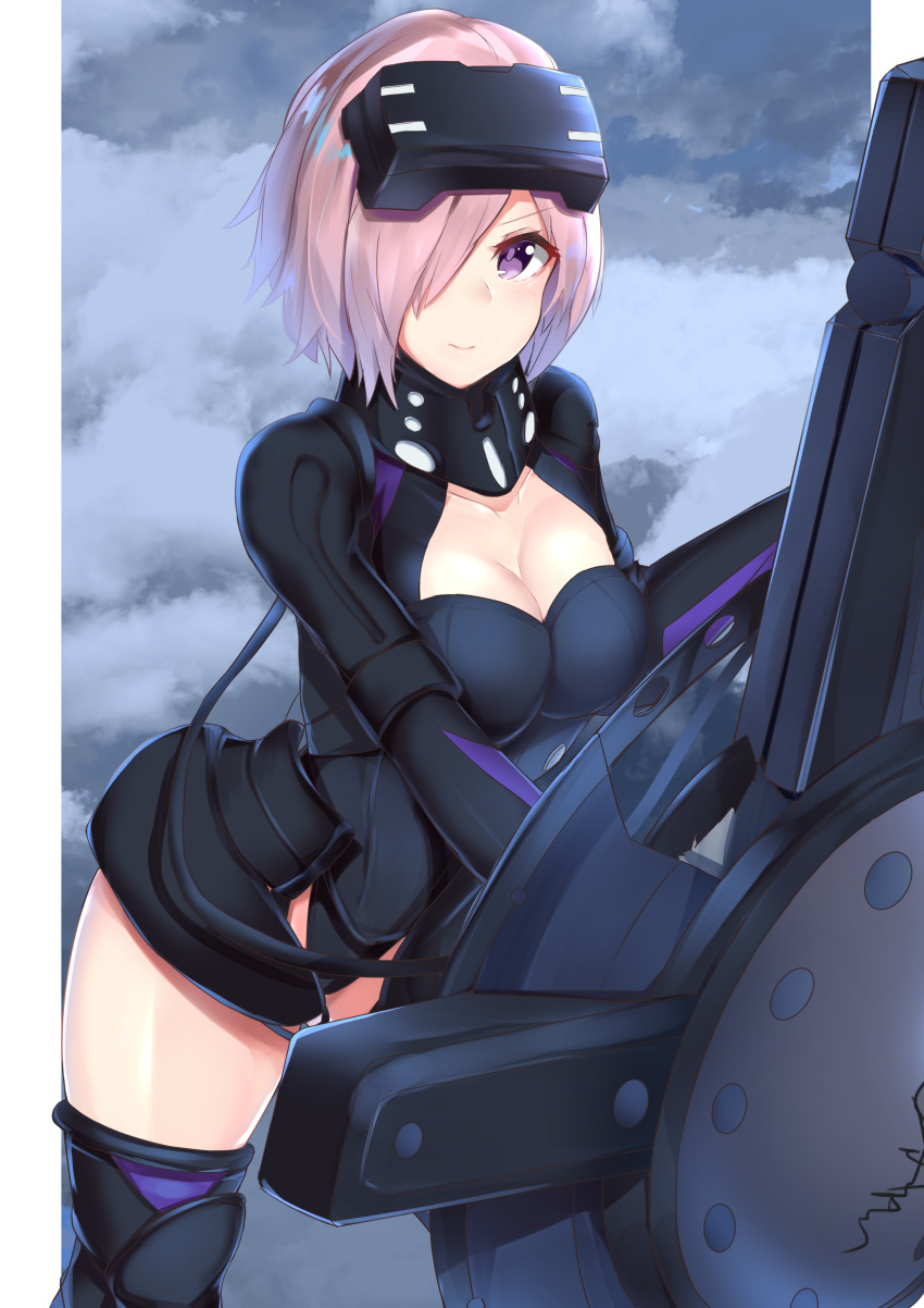 absurdres armor bangs black_armor black_leotard breastplate breasts cable cleavage cleavage_cutout closed_mouth cloud cloudy_sky collarbone commentary_request cowboy_shot eyebrows_visible_through_hair fate/grand_order fate_(series) faulds from_side gloves gorget greaves grey_sky hair_over_one_eye highres holding holding_shield leaning_forward legs_apart leotard light_smile looking_at_viewer mash_kyrielight medium_breasts nanakaku ortenaus outdoors pauldrons pink_hair purple_eyes shield short_hair sideways_glance sky solo standing thighhighs thighs vr_visor