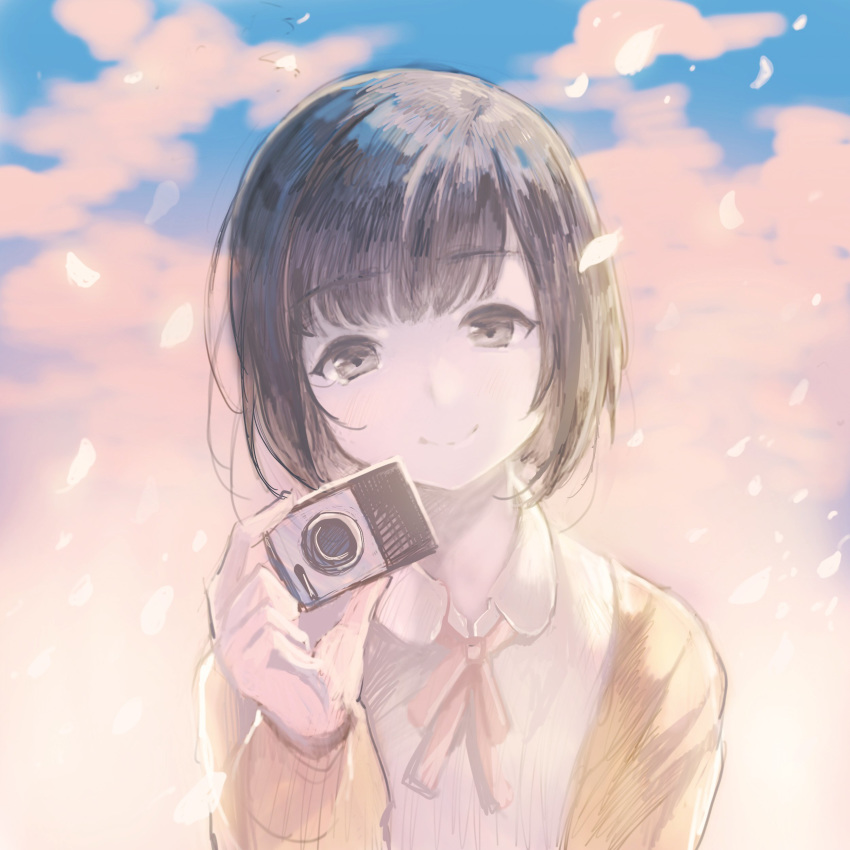 absurdres brown_eyes brown_hair camera cloud cloudy_sky collared_shirt commentary_request day head_tilt highres holding jacket long_sleeves looking_at_viewer neck_ribbon original outdoors petals red_ribbon ribbon shirt short_hair sibyl sky smile solo white_shirt wing_collar