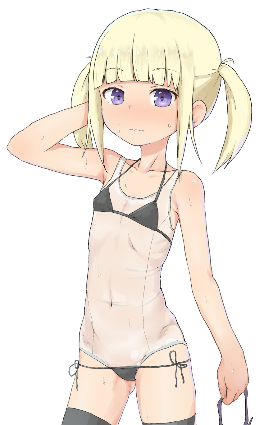 ass_visible_through_thighs bangs bare_arms bare_shoulders bikini black_bikini blonde_hair blunt_bangs blush contrapposto covered_navel cowboy_shot eyebrows_visible_through_hair flat_chest hand_behind_head hand_up highres holding looking_at_viewer navel one-piece_swimsuit original purple_eyes school_swimsuit short_hair side-tie_bikini simple_background solo standing sweat sweatdrop swimsuit swimsuit_under_swimsuit thighhighs twintails white_background white_school_swimsuit white_swimsuit yakihebi