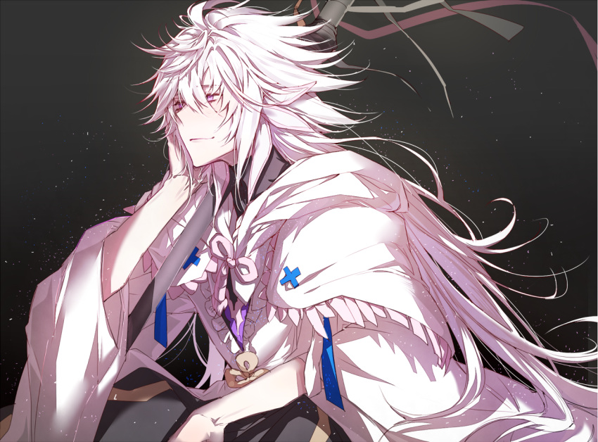 1boy fate/stay_night long_hair male male_focus merlin_(fate/stay_night) silver_hair solo white_hair