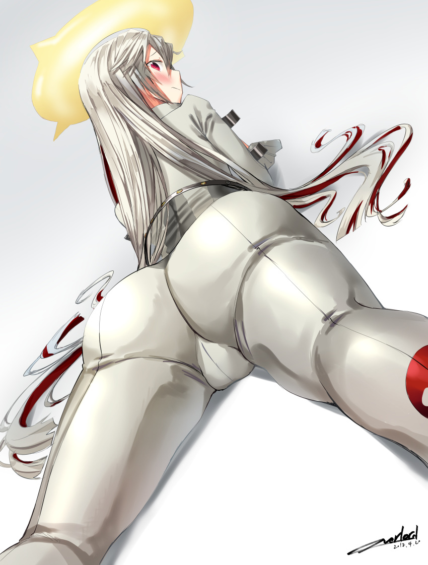 absurdres ass ass_focus belt black_belt blush bodysuit commentary_request fat_mons from_behind guilty_gear guilty_gear_xrd halo highres jack-o'_valentine looking_back lying multicolored_hair on_stomach overlord_(overlord80000) red_hair solo two-tone_hair white_bodysuit white_hair