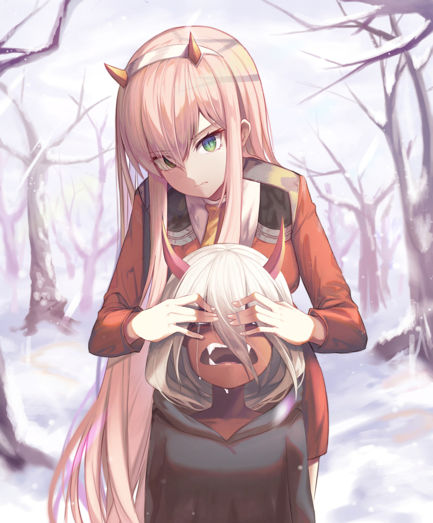 age_difference bare_tree blurry blurry_background closed_eyes commentary covering_another's_eyes crying dark_skin darling_in_the_franxx day dress dual_persona expressionless facing_viewer fangs green_eyes hair_between_eyes hairband head_tilt height_difference highres hood hood_down hooded_robe horns horns_through_headwear leaning_forward long_hair long_sleeves looking_at_viewer military military_uniform multiple_girls necktie oni orange_neckwear parted_lips pink_hair red_dress red_skin robe sharp_teeth slit_pupils snow spoilers standing streaming_tears sugar_(dndi888) tears teeth time_paradox tree uniform upper_body white_hair white_hairband winter younger zero_two_(darling_in_the_franxx)