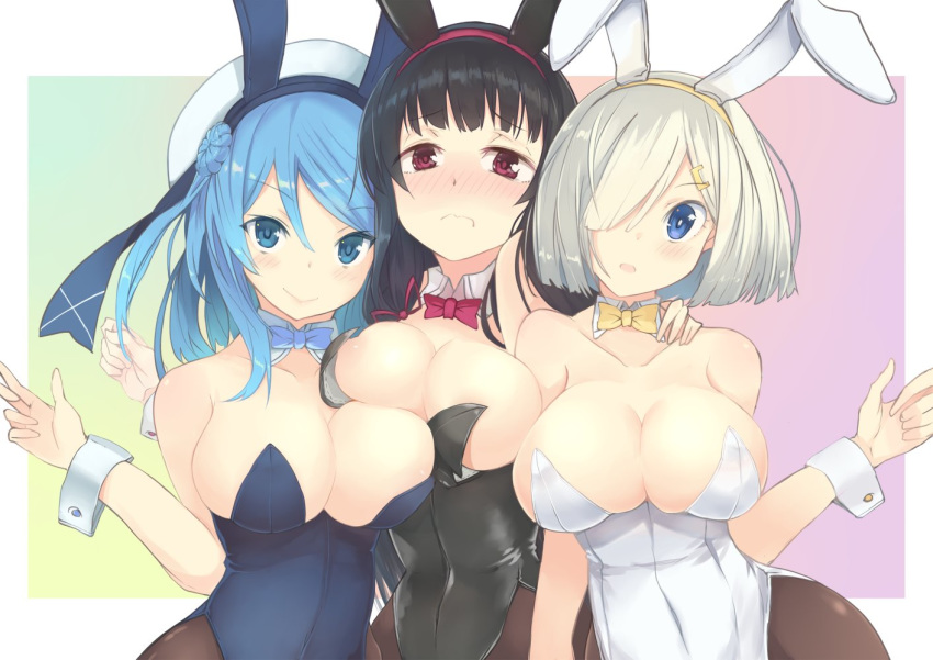animal_ears areola_slip areolae bare_shoulders black_hair black_legwear black_leotard blue_eyes blue_hair blush bow bowtie breast_press breasts bunny_ears bunny_girl bunnysuit cleavage covered_navel detached_collar double_bun embarrassed frown girl_sandwich hair_ornament hair_over_one_eye hair_ribbon hairclip hamakaze_(kantai_collection) hat isokaze_(kantai_collection) kantai_collection large_breasts leotard long_hair looking_at_viewer multicolored multicolored_background multiple_girls open_mouth pantyhose red_eyes ribbon sailor_hat sandwiched short_hair silver_hair smile tress_ribbon urakaze_(kantai_collection) wardrobe_malfunction white_hat wrist_cuffs yuzuruka_(bougainvillea)