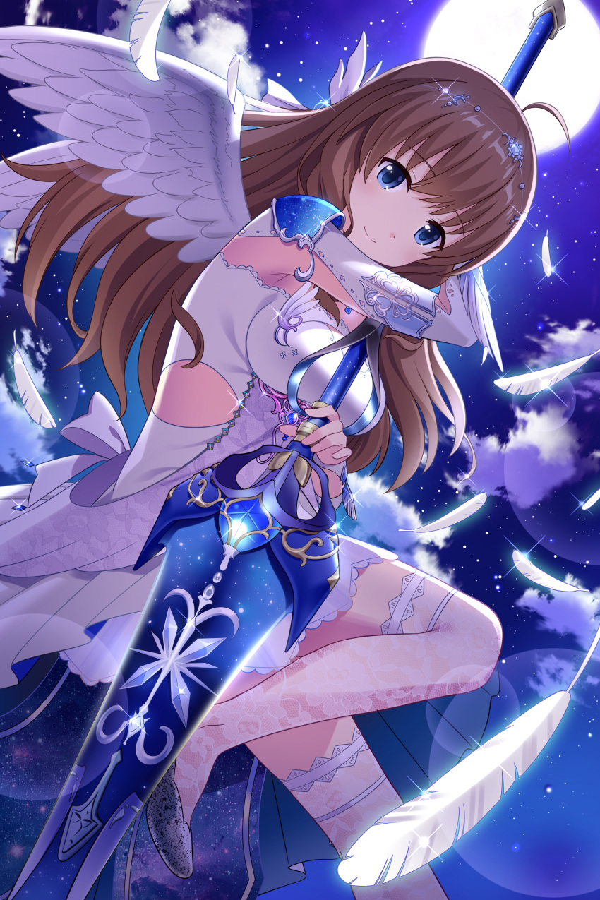 absurdres alternative_girls angel arimura_shion blue_eyes breasts brown_hair cloud dress feathered_wings floating_hair full_moon grey_footwear hair_ornament highres holding holding_weapon leg_up long_hair looking_at_viewer medium_breasts moon night official_art outdoors pumps short_dress shoulder_armor side_cutout sky smile solo sparkle spaulders star_(sky) starry_sky thighhighs weapon white_dress white_feathers white_legwear white_wings wings