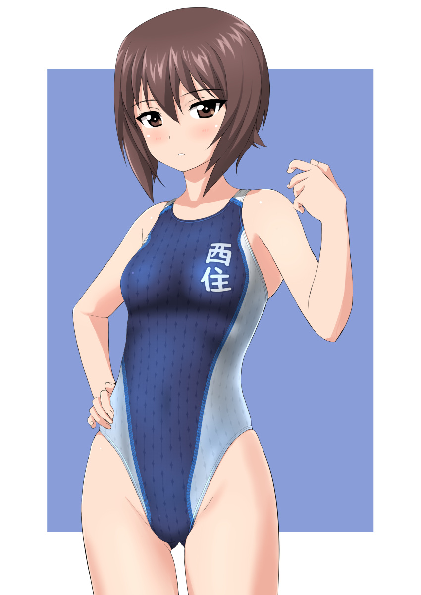 absurdres ass_visible_through_thighs bangs blue_background blue_swimsuit brown_eyes brown_hair commentary_request competition_swimsuit cowboy_shot girls_und_panzer hand_on_hip highres nishizumi_maho one-piece_swimsuit short_hair solo swimsuit takafumi two-tone_background younger