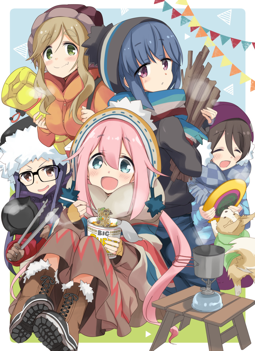:d ^_^ animal bangs beanie blue_hair boots brown_eyes brown_footwear brown_hair checkered checkered_scarf chikuwa_(yurucamp) closed_eyes coat commentary_request cross-laced_footwear cup_ramen dog firewood fur-trimmed_boots fur_trim glasses green_eyes green_scarf grey_scarf hair_bun hat highres hizuki_yayoi inuyama_aoi jacket kagamihara_nadeshiko lace-up_boots long_hair looking_at_viewer multiple_girls oogaki_chiaki open_mouth pennant pink_hair purple_eyes saitou_ena scarf shawl shima_rin short_hair smile stool stove striped striped_scarf swept_bangs thick_eyebrows tongs v-shaped_eyebrows winter_clothes yurucamp