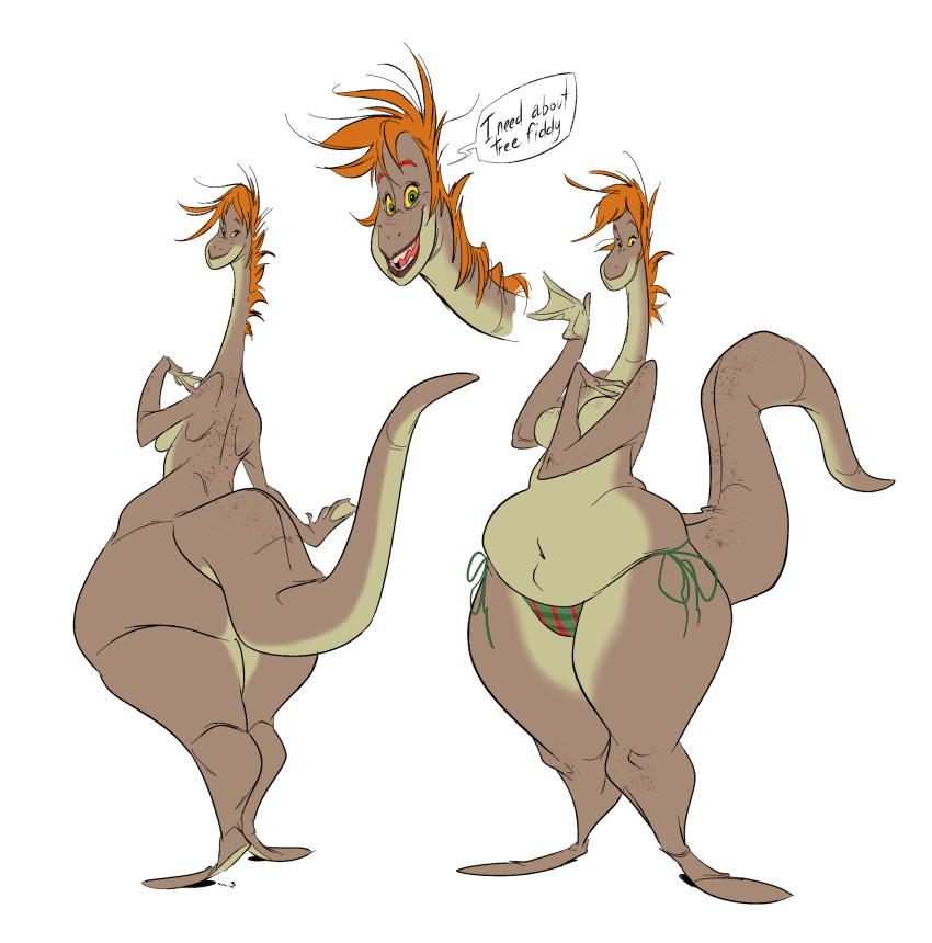 anthro big_butt breasts butt clothing dialogue female green_eyes hair hi_res huge_butt humor lizard loch_ness_monster long_neck looking_at_viewer orange_hair reptile scalie simple_background slb slightly_chubby solo south_park thong yellow_sclera