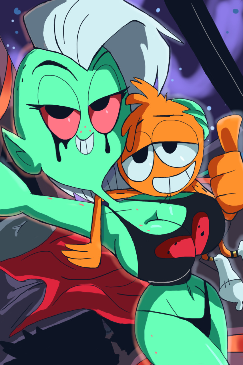 alien bed breasts cleavage clothed clothing disney duo female green_skin hi_res lord_dominator male ninjaspartankx5 not_furry red_eyes selfie smile space thong thumbs_up wander wander_over_yonder