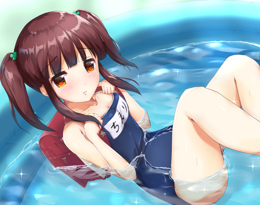 backpack bag blue_swimsuit brown_eyes brown_hair clover competition_school_swimsuit four-leaf_clover hair_ornament highres idolmaster idolmaster_cinderella_girls idolmaster_cinderella_girls_starlight_stage kuroba_aki name_tag ogata_chieri one-piece_swimsuit original partially_submerged randoseru school_swimsuit sitting solo swimsuit twintails wading_pool water