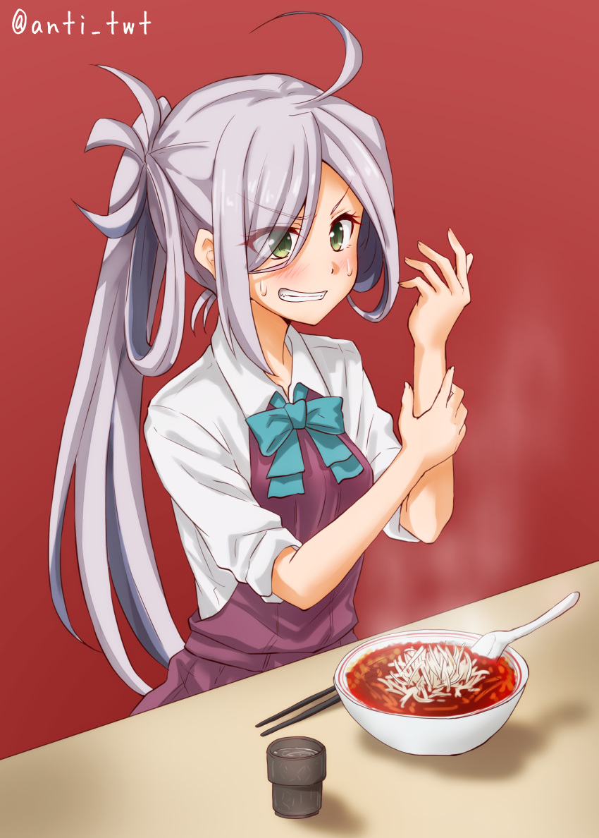 absurdres ahoge anti_(untea9) aqua_neckwear asashimo_(kantai_collection) blush bow bowl bowtie chopsticks commentary_request cup dress eyebrows_visible_through_hair food green_eyes grey_hair hair_over_one_eye halterneck highres kantai_collection long_hair noodles ramen red_background school_uniform shirt sleeves_rolled_up solo spoon sweatdrop twitter_username upper_body white_shirt
