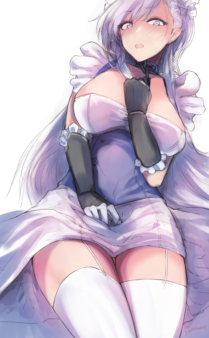 apron asymmetrical_bangs azur_lane bangs belfast_(azur_lane) blue_eyes blush braid breasts buttons chain cleavage clenched_hand collar collarbone commentary_request corset dress embarrassed eyebrows_visible_through_hair french_braid frilled_gloves frills garter_straps gauntlets gloves hair_between_eyes hand_on_own_chest highres kojima_(blue_stardust) large_breasts long_hair looking_at_viewer maid maid_headdress open_mouth sidelocks signature silver_hair simple_background skirt_hold solo thighs white_background white_gloves white_legwear