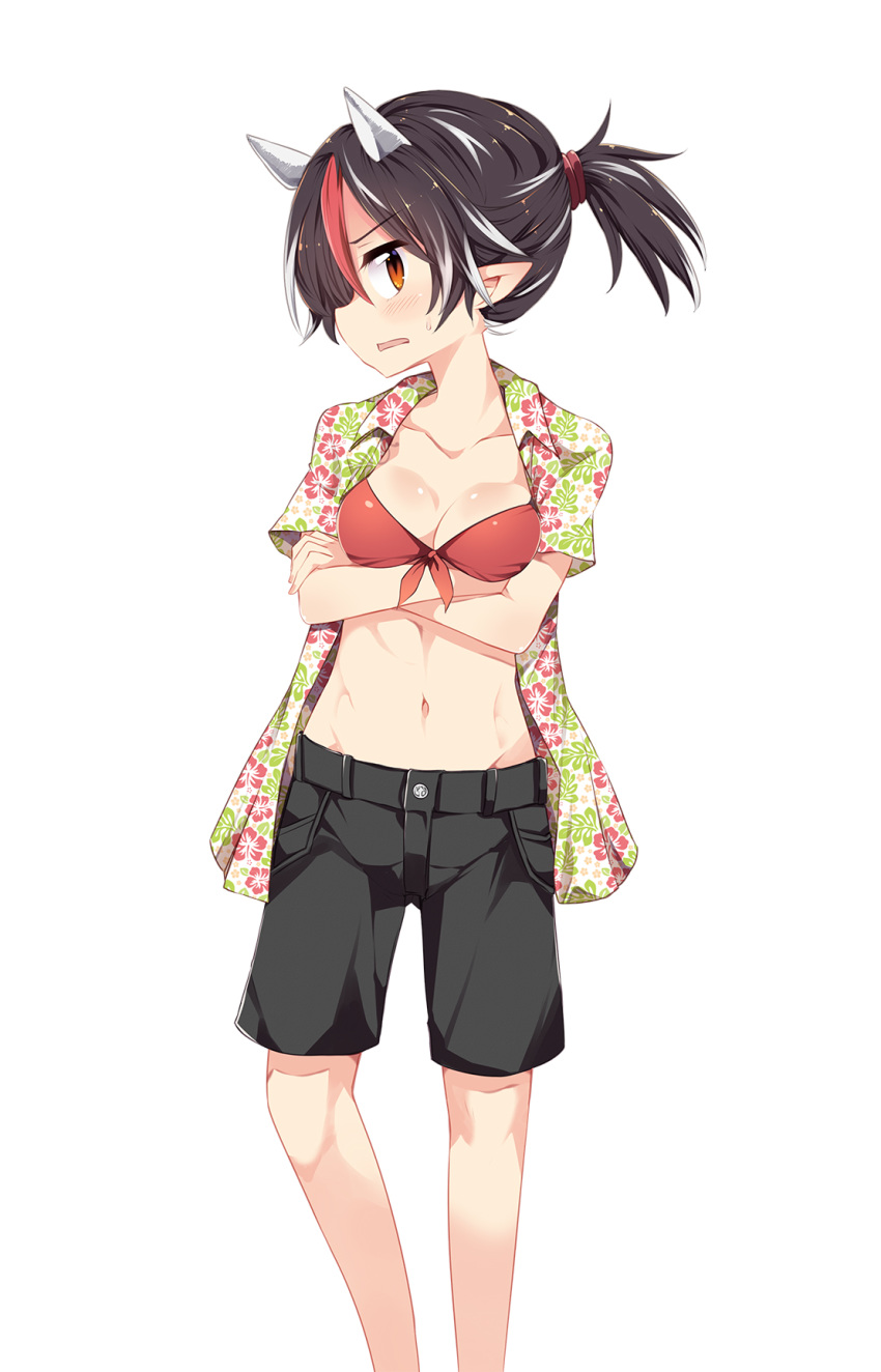 alternate_hairstyle arms_under_breasts bikini bikini_top black_hair black_shorts breast_hold breasts cleavage crossed_arms front-tie_bikini front-tie_top hawaiian_shirt highres horns kijin_seija looking_at_viewer maturiuta_sorato medium_breasts multicolored_hair navel pointy_ears ponytail profile red_bikini_top red_eyes red_hair shirt short_ponytail short_sleeves shorts simple_background solo standing stomach streaked_hair sweatdrop swimsuit touhou white_background white_hair