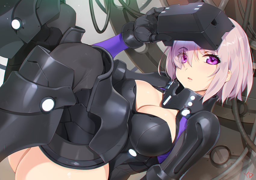 adjusting_headwear armor artist_name ass bangs black_armor black_gloves black_legwear black_leotard bracer breastplate breasts cable cleavage cleavage_cutout commentary eyebrows_visible_through_hair eyes_visible_through_hair fate/grand_order fate_(series) from_side gloves gorget gradient gradient_background greaves grey_background hair_over_one_eye hand_up head_tilt large_breasts lavender_hair legs_up leotard long_sleeves looking_at_viewer lying mash_kyrielight on_back ortenaus parted_lips pauldrons purple_eyes shield short_hair sideways_glance signature solo thighhighs thighs vr_visor white_background yang-do
