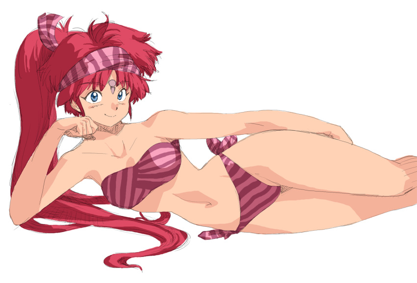 alisia_dragoon alisia_dragoon_(character) bare_shoulders bikini blue_eyes commentary_request facial_mark forehead_mark head_rest headband long_hair lying navel oggy oldschool on_side ponytail red_hair side-tie_bikini sketch smile solo striped striped_bikini swimsuit transparent_background