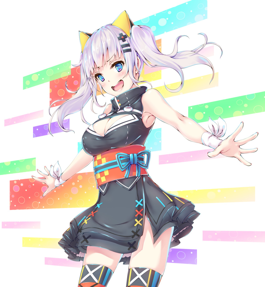 :d akyorapenyo animal_ears armpits bangs black_dress blue_eyes blush breasts cat_ears checkered cleavage cleavage_cutout cowboy_shot dress fake_animal_ears hair_ornament hairclip high_collar highres kaguya_luna kaguya_luna_(character) large_breasts long_hair looking_at_viewer multicolored multicolored_background obi open_mouth outstretched_arms petticoat red_legwear sash shiny shiny_hair short_dress side_slit silver_hair sleeveless sleeveless_dress smile solo standing tareme thighhighs twintails underbust v-shaped_eyebrows virtual_youtuber wristband zettai_ryouiki