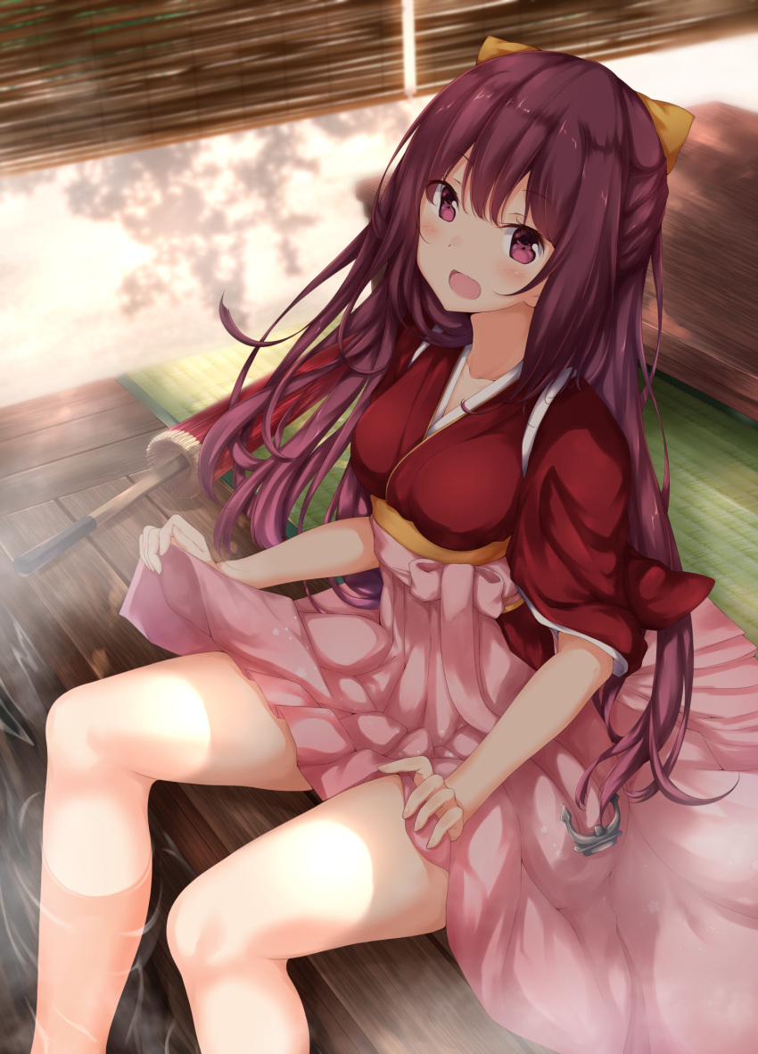 :d anchor bangs bare_legs blurry blurry_background blush bow breasts carpet closed_umbrella collarbone day depth_of_field feet_out_of_frame hair_bow hakama hakama_hold half_updo highres hip_vent japanese_clothes kamikaze_(kantai_collection) kantai_collection kimono large_breasts long_hair numpopo on_floor open_mouth oriental_umbrella pink_hakama purple_eyes purple_hair red_kimono shiny shiny_hair smile soaking_feet solo sunlight tareme tasuki umbrella very_long_hair water wooden_floor yellow_bow