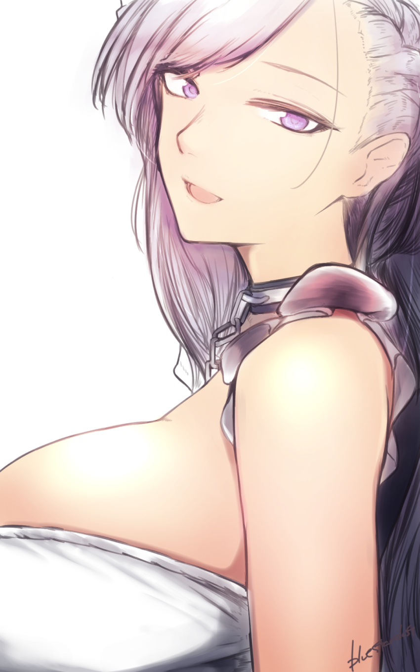 asymmetrical_bangs azur_lane bangs belfast_(azur_lane) blue_eyes blush braid breasts chain collar dress french_braid frills from_side half-closed_eyes head_tilt highres kojima_(blue_stardust) large_breasts long_hair looking_at_viewer maid open_mouth signature silver_hair simple_background smile solo upper_body white_background