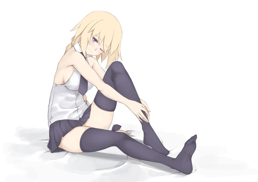 ;) bangs bare_arms bare_shoulders bed_sheet black_bow black_legwear black_skirt blonde_hair blush bow braid breasts closed_mouth commentary eyebrows_visible_through_hair fate/apocrypha fate_(series) hair_between_eyes hair_bow head_tilt highres jeanne_d'arc_(fate) jeanne_d'arc_(fate)_(all) jilu long_hair looking_at_viewer medium_breasts no_shoes one_eye_closed pleated_skirt purple_eyes shirt sideboob single_braid sitting skirt sleeveless sleeveless_shirt smile solo thighhighs very_long_hair white_background white_shirt