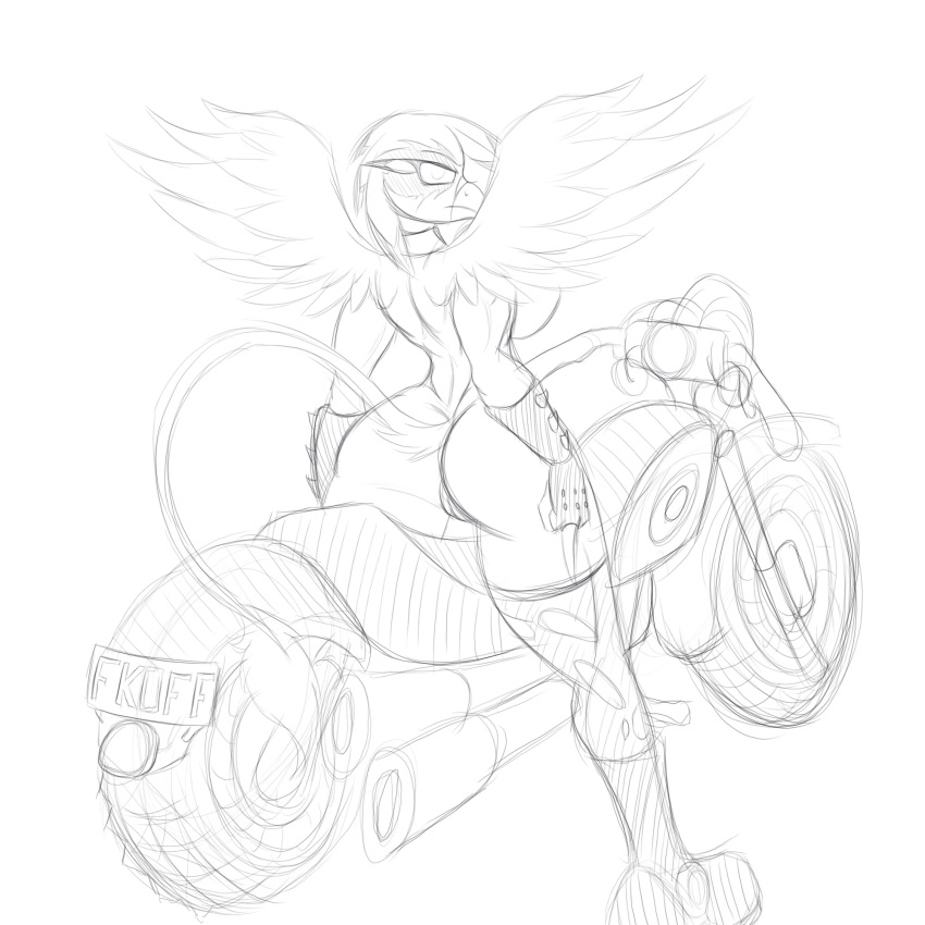2015 anthro anthrofied avian beak boots breasts clothing fan_character feathered_wings feathers female footwear galena_(lil_mizz_jay) gloves gryphon hi_res jrvanesbroek legwear looking_at_viewer looking_back middle_finger monochrome motorcycle my_little_pony nude pussy solo standing stockings vehicle wings