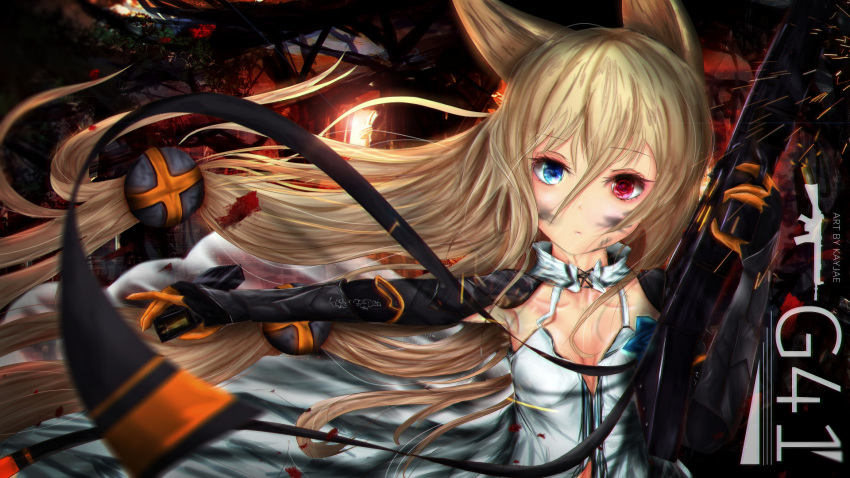 animal_ears armor artist_name assault_rifle bangs black_gloves blonde_hair blood blood_splatter blue_eyes blue_flower blue_rose blurry breasts character_name cleavage closed_mouth collarbone commentary dirt dirty_face dress expressionless eyebrows_visible_through_hair floating_hair flower g41_(girls_frontline) girls_frontline gloves gun h&amp;k_g41 hair_between_eyes hair_ornament heckler_&amp;_koch heterochromia highres holding holding_gun holding_weapon kayjae light_particles long_hair looking_at_viewer magazine_(weapon) open_clothes open_dress red_eyes reloading rifle rose serious sidelocks small_breasts solo sparks symbol-shaped_pupils twintails underwear very_long_hair weapon white_dress