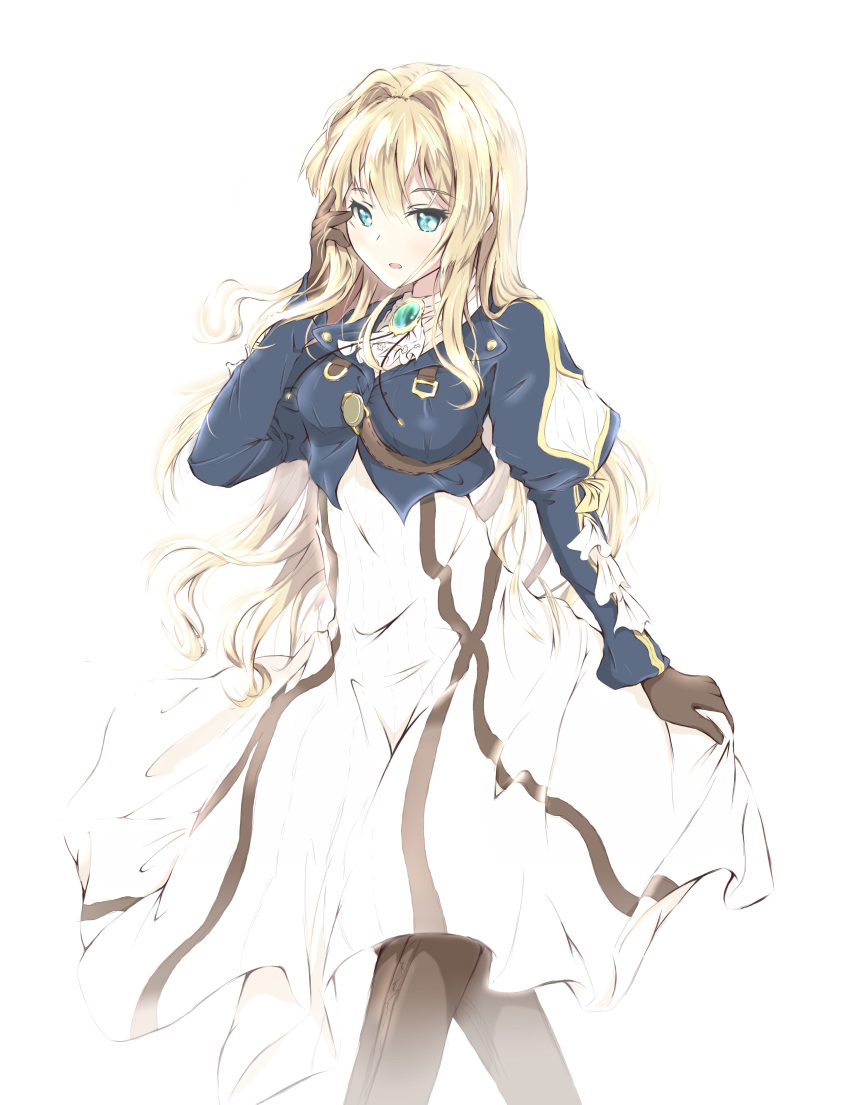 absurdres bad_id bad_pixiv_id black_gloves blonde_hair blue_eyes boots breasts brown_footwear dress eyebrows_visible_through_hair gloves hair_between_eyes hand_in_hair highres kwanchung_ho long_hair medium_breasts open_mouth simple_background sketch skirt_hold solo standing thigh_boots thighhighs violet_evergarden violet_evergarden_(character) white_background white_dress white_neckwear