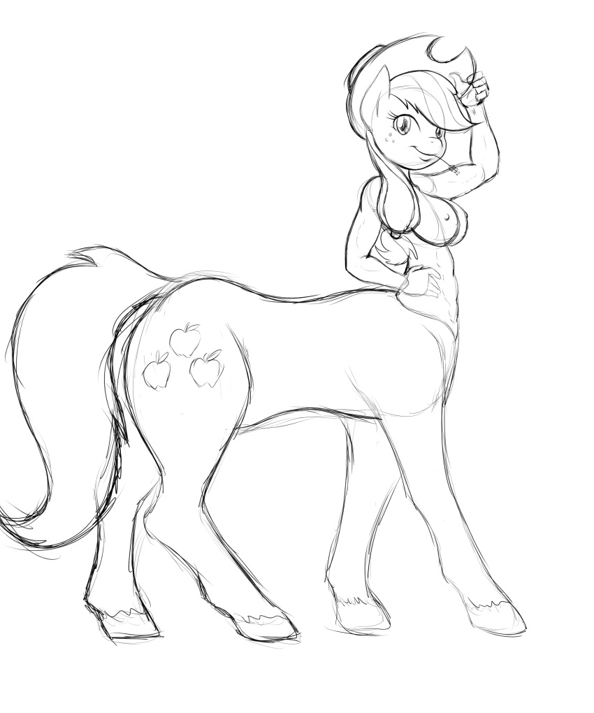 2015 abs alternate_species anthro anthrofied applejack_(mlp) areola black_and_white breasts chewing chewing_grass cowboy_hat cutie_mark equine equine_taur female freckles friendship_is_magic hair hat hi_res horse looking_at_viewer mammal monochrome my_little_pony navel nipples nude object_in_mouth pony poprocks solo taur wheat