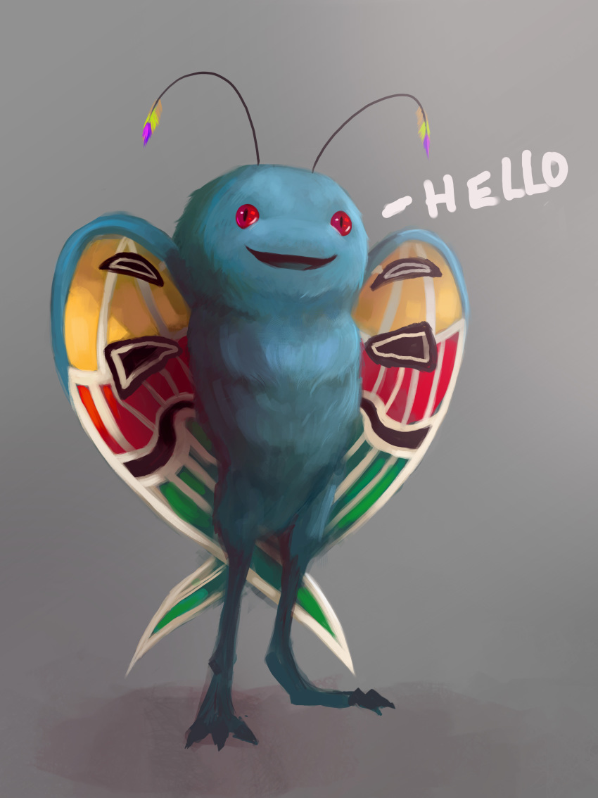 2017 ambiguous_gender antennae anthro arthropod avian bird dialogue english_text feathered_wings feathers grey_background hybrid insect megami_tensei moth mothmandraws multicolored_feathers nude open_mouth open_smile red_eyes semi-anthro simple_background smile solo standing text wings