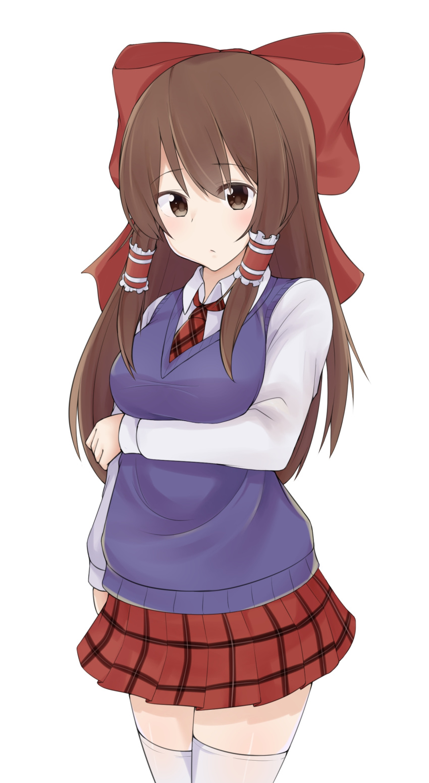 :/ absurdres alternate_costume arm_under_breasts bangs blue_vest bow breast_hold breasts brown_eyes brown_hair closed_mouth collared_shirt commentary_request cowboy_shot eyebrows_visible_through_hair eyes_visible_through_hair frilled_hair_tubes hair_bow hair_tubes hakurei_reimu highres korean_commentary large_breasts light_blush long_hair long_sleeves looking_at_viewer miniskirt necktie plaid plaid_neckwear plaid_skirt pleated_skirt red_bow red_neckwear red_skirt school_uniform shirt sidelocks simple_background skirt sleeve_cuffs solo standing thighhighs touhou vest white_background white_legwear white_shirt z_loader zettai_ryouiki