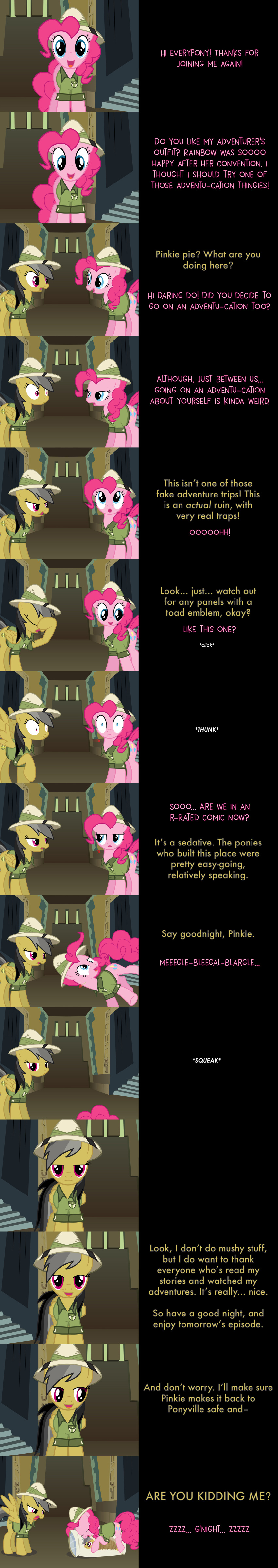 2016 absurd_res daring_do_(mlp) dialogue english_text equine feathered_wings feathers female friendship_is_magic hi_res horse mammal mlp-silver-quill my_little_pony pegasus pillow pinkie_pie_(mlp) pith_helmet pony text tranquilizer wings