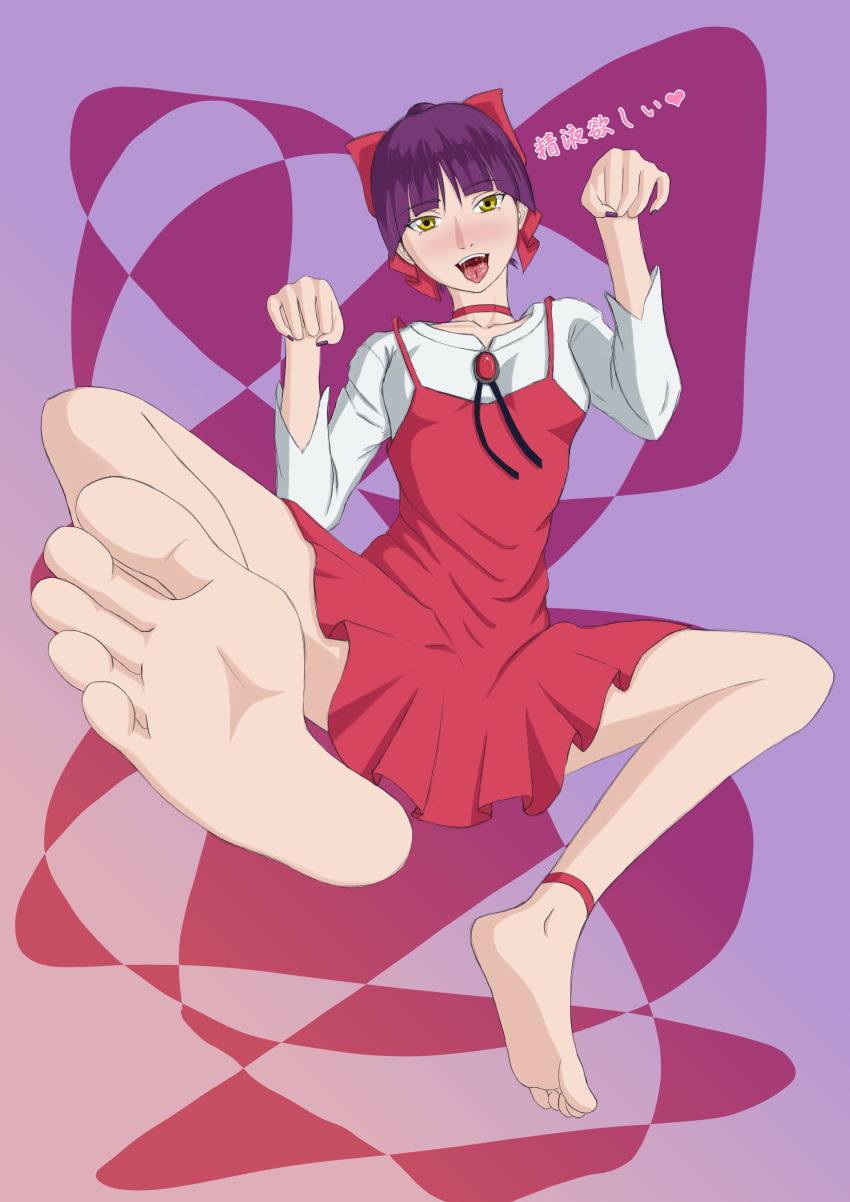 1girl barefoot fangs feet gegege_no_kitarou hair_bow highres looking_at_viewer nekomusume one_leg_raised open_mouth pov pov_feet purple_hair soles toes tongue_out translated yellow_eyes