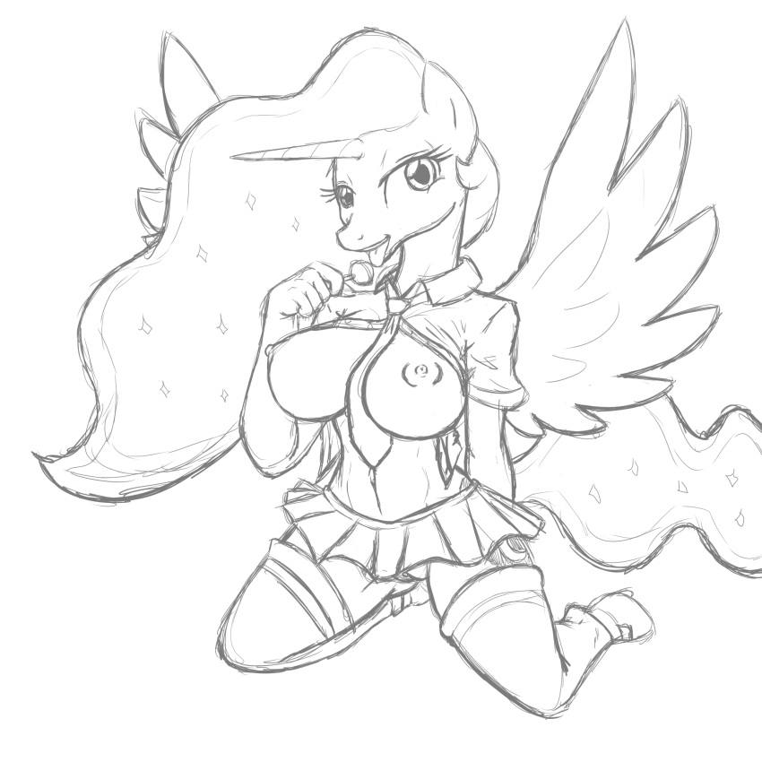 2013 anthro anthrofied black_and_white breasts candy clothing cutie_mark equine feathered_wings feathers female food friendship_is_magic hi_res horn kneeling legwear licking lollipop looking_at_viewer mammal miniskirt monochrome my_little_pony navel necktie nipples poprocks princess_luna_(mlp) pussy school_uniform shirt sketch skirt solo sparkles spread_wings stockings tongue tongue_out uniform winged_unicorn wings