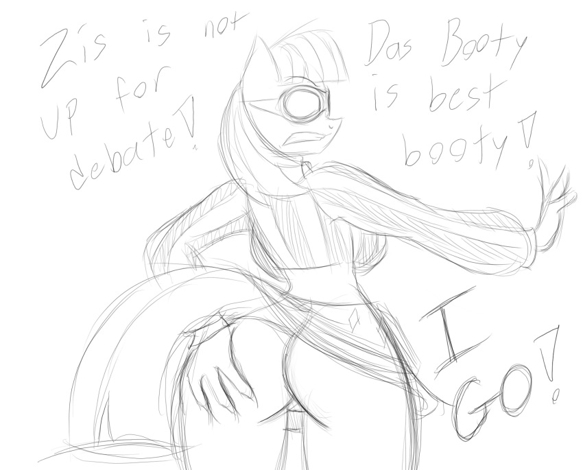 2014 anthro anthrofied black_and_white bottomless breasts butt clothed clothing dialogue digital_drawing_(artwork) digital_media_(artwork) earth_pony english_text equine female friendship_is_magic hair horse jrvanesbroek mammal monochrome my_little_pony photo_finish_(mlp) pony pussy side_boob sketch skirt solo text