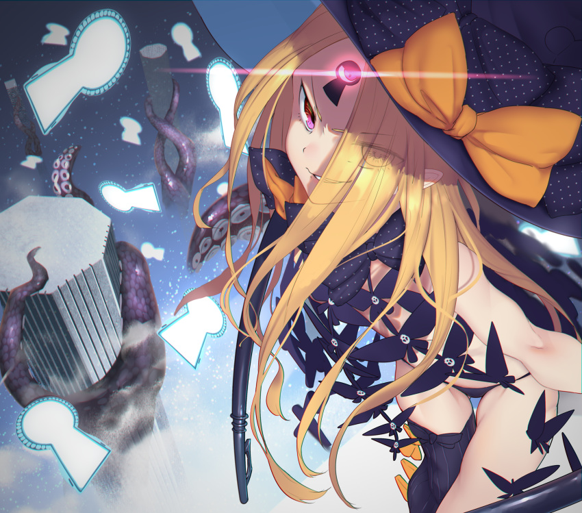 abigail_williams_(fate/grand_order) asymmetrical_legwear bangs black_bow black_hat black_legwear black_panties blonde_hair bow bug butterfly commentary eyebrows_visible_through_hair eyes_visible_through_hair fate/grand_order fate_(series) forehead glowing glowing_eye grin hat hat_bow highres insect key keyhole long_hair looking_at_viewer nanao_(aoyamahikari) orange_bow oversized_object panties parted_bangs pillar polka_dot polka_dot_bow purple_eyes red_eyes revealing_clothes single_thighhigh skull_print smile solo space star_(sky) suction_cups teeth tentacles thighhighs topless underwear very_long_hair witch_hat