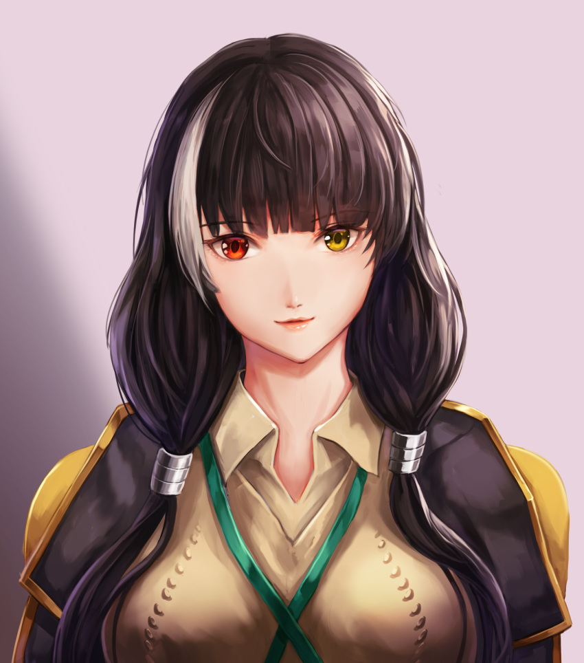 bad_id bad_pixiv_id bangs black_hair blunt_bangs commentary eyebrows_visible_through_hair girls_frontline hair_ornament head_tilt heterochromia highres hood hood_down hooded_jacket jacket long_hair looking_at_viewer lunacle multicolored_hair orange_eyes parted_lips purple_background red_eyes ro635_(girls_frontline) shirt simple_background smile solo streaked_hair sweater twintails upper_body white_hair yellow_eyes