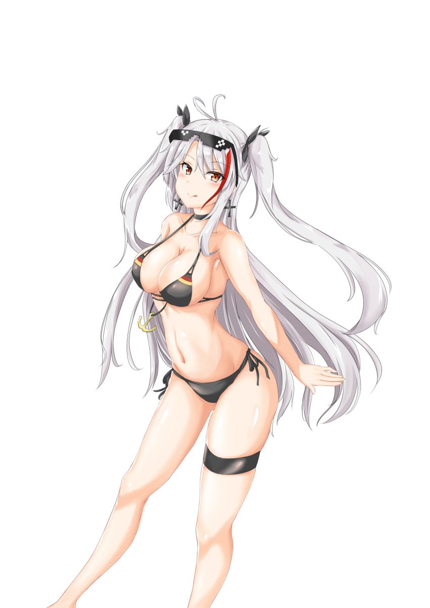 :q ainna_(kekai) alternate_costume anchor_symbol antenna_hair arm_up armpits azur_lane bangs bare_arms bare_shoulders bikini black_bikini black_choker blush breasts brown_eyes choker cleavage closed_mouth collarbone commentary cowboy_shot cross cross_earrings curvy deal_with_it earrings eyebrows_visible_through_hair eyes_visible_through_hair eyewear_on_head flag_print german_flag_bikini hair_between_eyes head_tilt highres iron_cross jewelry large_breasts leaning_forward long_hair looking_at_viewer mole mole_on_breast multicolored_hair navel prinz_eugen_(azur_lane) red_hair shiny shiny_skin side-tie_bikini signature silver_hair simple_background skindentation smile solo standing stomach streaked_hair sunglasses swimsuit thigh_strap thighs tongue tongue_out two_side_up very_long_hair white_background