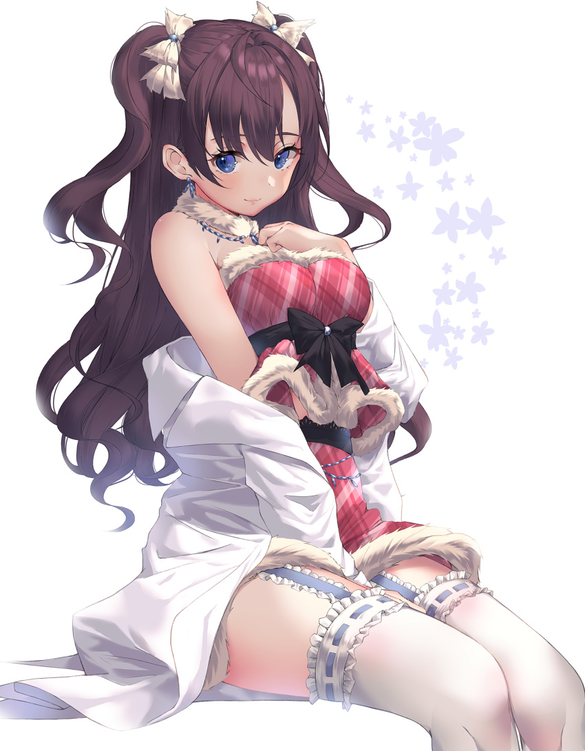 :3 bare_shoulders black_bow blue_eyes blush bow breasts brown_hair dress earrings frills fur_collar fur_trim garter_straps highres ichinose_shiki idolmaster idolmaster_cinderella_girls idolmaster_cinderella_girls_starlight_stage jewelry kinty labcoat lace lace-trimmed_thighhighs long_hair looking_at_viewer medium_breasts necklace off_shoulder plaid plaid_dress red_dress sash shirt short_dress simple_background sitting smile solo thighhighs wavy_hair white_background white_legwear white_shirt