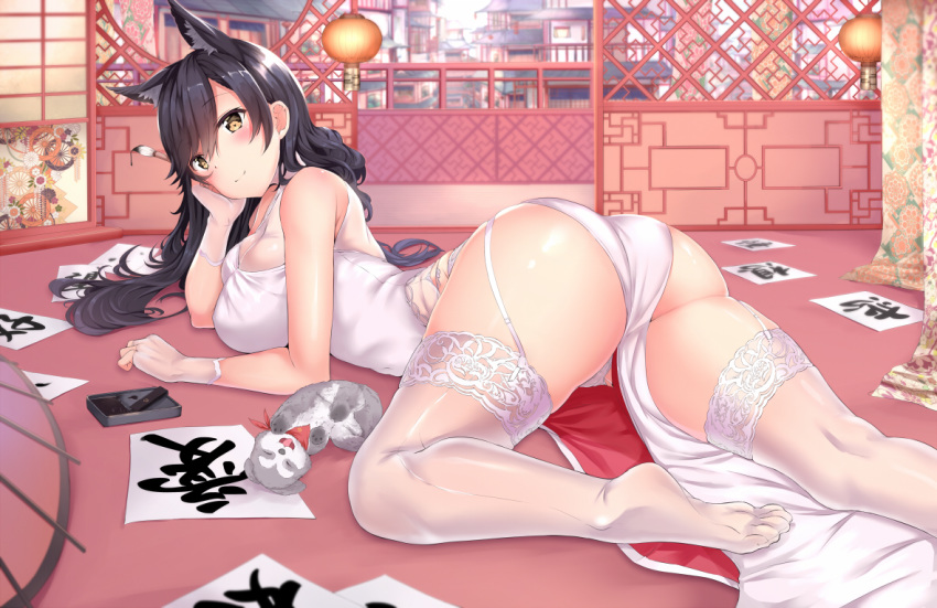 animal animal_ears architecture arm_support ass atago_(azur_lane) azur_lane bare_arms bare_shoulders black_hair blush breasts brown_eyes calligraphy calligraphy_brush china_dress chinese_clothes closed_mouth dog dress east_asian_architecture extra_ears feet fingerless_gloves gloves head_rest husky indoors lace lace-trimmed_thighhighs large_breasts long_hair looking_at_viewer lying no_shoes on_stomach paintbrush panties puppy shiny shiny_hair smile soles solo thighhighs underwear white_dress white_gloves white_legwear white_panties yukishiro_arute