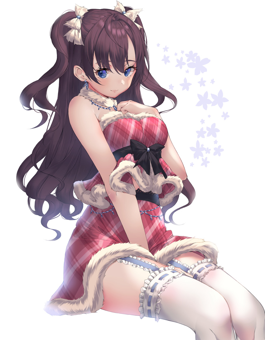 :3 bare_shoulders black_bow blue_eyes blush bow breasts brown_hair dress earrings frills fur_collar fur_trim garter_straps highres ichinose_shiki idolmaster idolmaster_cinderella_girls idolmaster_cinderella_girls_starlight_stage jewelry kinty labcoat lace lace-trimmed_thighhighs long_hair looking_at_viewer medium_breasts necklace plaid plaid_dress red_dress sash short_dress simple_background sitting smile solo thighhighs wavy_hair white_background white_legwear