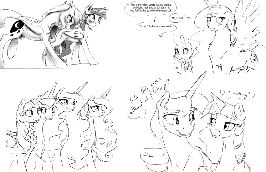 bite dialogue dragon english_text equine feathered_wings feathers female fluffy friendship_is_magic hair horn long_hair male mammal monochrome my_little_pony princess_cadance_(mlp) princess_celestia_(mlp) princess_luna_(mlp) silfoe sketch spike_(mlp) text twilight_sparkle_(mlp) winged_unicorn wings