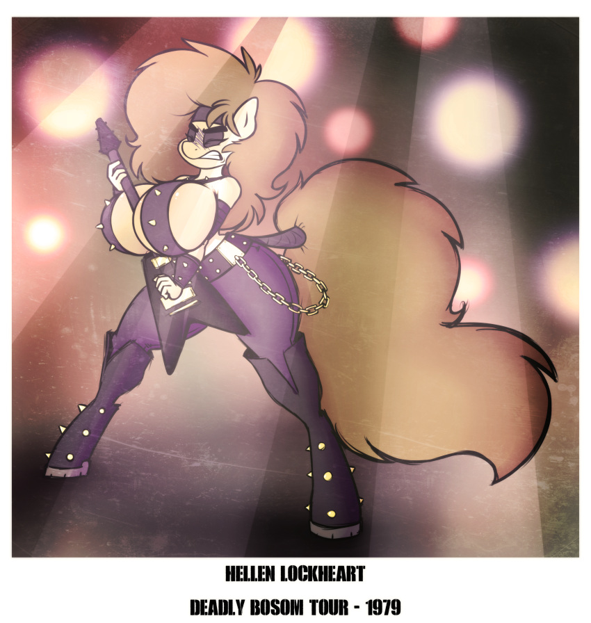 2016 anthro anthrofied between_breasts big_breasts boots breasts brown_hair chain cleavage clothed clothing earth_pony equine eyeshadow fan_character female footwear guitar hair hellen_lockheart hi_res horse makeup mammal musical_instrument my_little_pony playing_guitar playing_music polaroid pony solo spikes stunnerpony tail_wraps wraps
