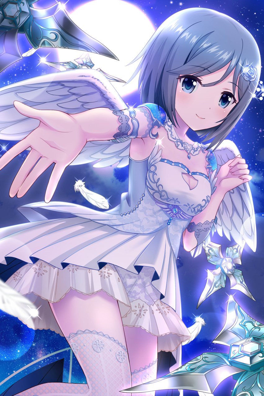 absurdres alternative_girls angel armlet blue_eyes breasts cleavage cleavage_cutout dress feathered_wings full_moon grey_hair highres medium_breasts moon night official_art orimiya_yui outdoors outstretched_arm short_dress short_hair sky sleeveless sleeveless_dress solo star_(sky) starry_sky strapless strapless_dress thighhighs white_dress white_legwear white_wings wings zettai_ryouiki